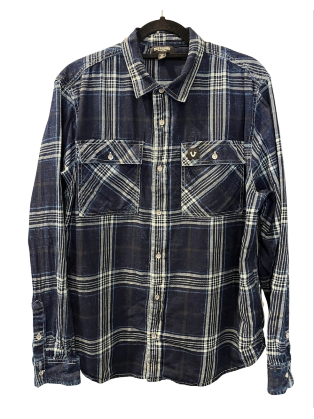 True Religion Men's Plaid Flannel Shirt Indigo Navy Blue Cotton Workwear L Logo